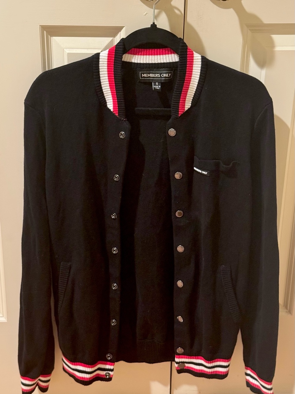 Members Only black snap button cotton sweater cardigan red and white stripes